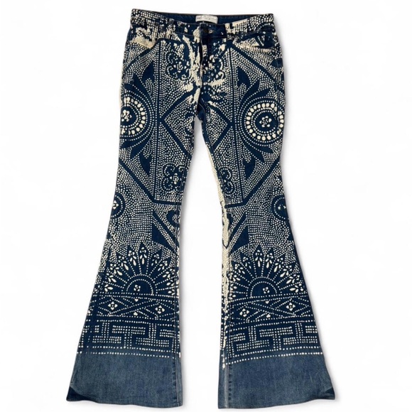 Free People Denim - Free People Navy and Cream Printed Flare Jeans